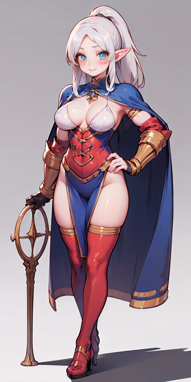 extremely long hair, ponytail, perfect anatomy 1 girl tall solo, slim thick, ((muscular)) high elf toned body, silver breast plate, blue cape, slender abs, hourglass waist, detailed face, defined cheekbones, puffy lips, gauntlets, gold crown, shadow over eyes, looking at viewer, masterpiece, white thigh highs lingerie, lustful smirking smile face red blushed red cheeks, 2 high heels feet together