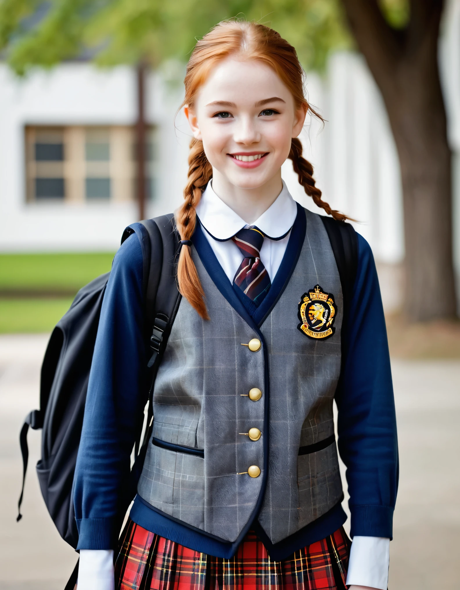 photography full body portrait of very beautiful realistic girl, 13-years-old, standing in front of a high school, carrying backpack, wear fancy uniform with royal Stewart tartan vest, porcelain skin, very fair skin, very pale skin, redhead, wavy, ponytail, detail skin texture, hazel eyes, slanted eyes, small nose, small nostril, think curved eyebrow, thick bottom lip, seductive gaze, happy face, unique face, detail photo, realistic photo, master piece picture, sharp picture, outdoor clear daylight 