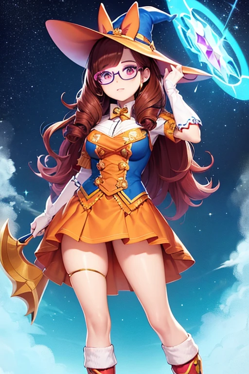personagem de diferentes lados de corpo inteiro aurora from league of legends, girl whit short puffy eave curly hair in orange color she has an brown bunny ear whit a witch hat and round glasses on ((multi side) her color palet of clothes is royal blue. Winter fantasy clothes