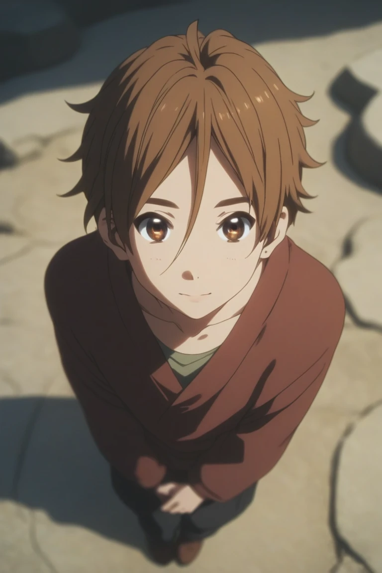 score_9, score_8_up, score_7_up, source_anime, rating_safe, , (photorealistic:0.6), looking at viewer, depth of field, 1boy, solo, male focus, mochizou_ooji, brown hair, brown eyes, from above, full body, grand canyon, noon, leaning on object, happy, , 