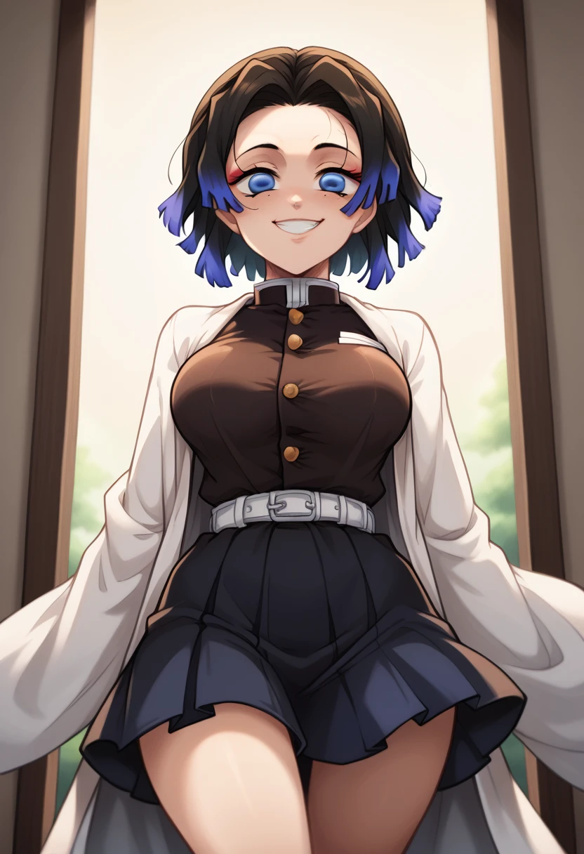 Draw a character in animated art style, with a vibrant and expressive appearance. The character must have exaggerated characteristics, like big, expressive eyes, a subtle and fun smile, and a straight posture. The background should be simple and not distract from the main figure. The character must be from the Kimetsu no Yaiba universe/Demon Slayer, black short hair, blue colored eyes. Wearing a tight skirt, frontal angle, animated cartoon, beautiful drawing.