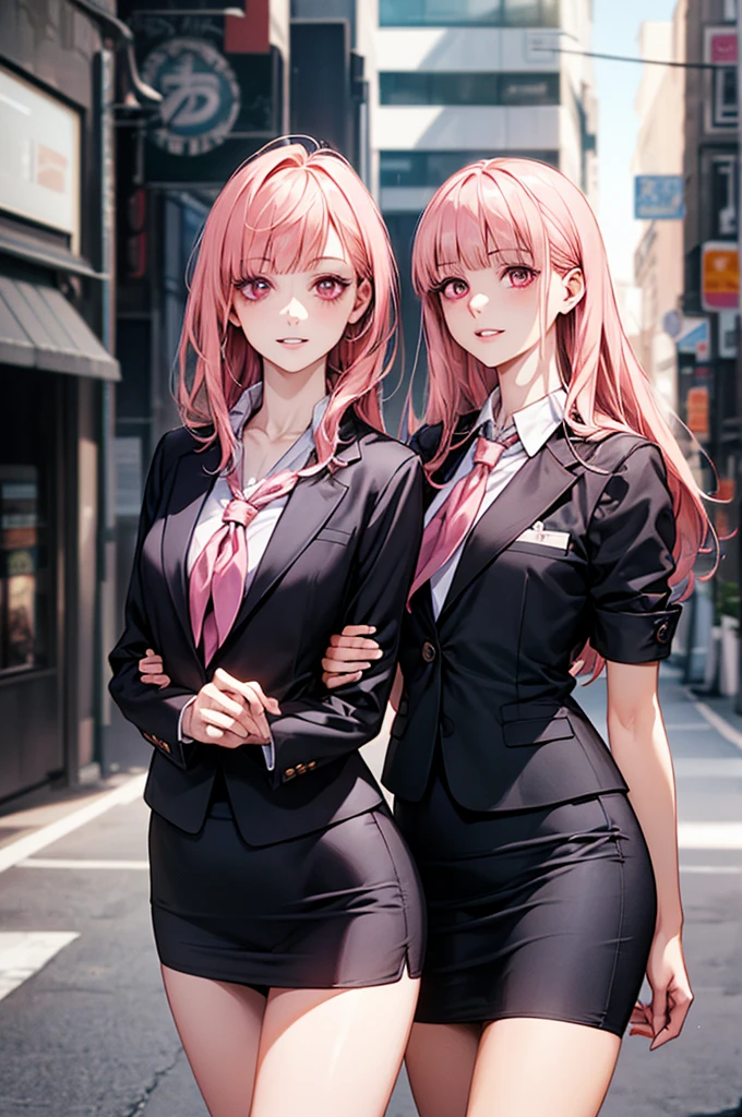 (masterpiece:1.2, top-quality), (realistic, photorealistic), beautiful illustration, (natural side lighting, movie lighting), ,
beautiful detailed hair, beautiful detailed face, beautiful detailed eyes, beautiful clavicle, beautiful body, beautiful chest, beautiful thigh, beautiful legs, beautiful hands,
looking at viewer, 1 girl, japanese, office lady, 20 years old, perfect face, cute and symmetrical face, shiny skin,
(very long hair, straight hair, salmon pink hair), blunt bangs, maroon eyes, slant eyes, long eye lasher, (medium breasts, small ass, thin thighs), slender, outstanding style,
detailed cloth texture, ((light purple stripe very small neckerchief, white collared shirt, business suit, pencil skirt)),
(beautiful scenery), spring, evening, (downtown), standing, (lovely smile, parted lips),