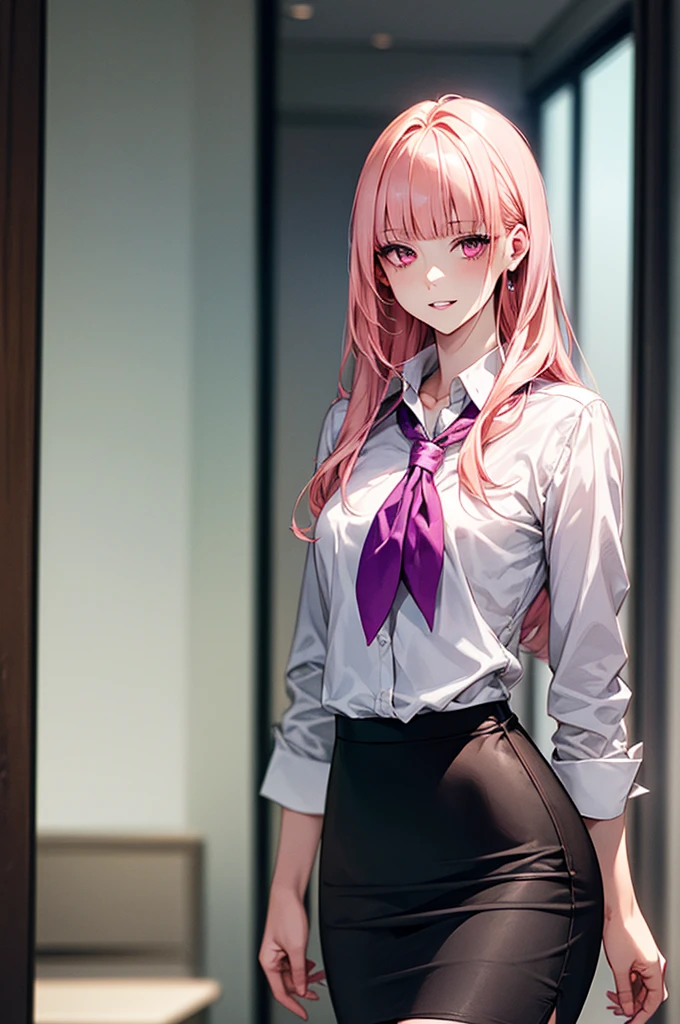 (masterpiece:1.2, top-quality), (realistic, photorealistic), beautiful illustration, (natural side lighting, movie lighting), ,
beautiful detailed hair, beautiful detailed face, beautiful detailed eyes, beautiful clavicle, beautiful body, beautiful chest, beautiful thigh, beautiful legs, beautiful hands,
looking at viewer, 1 girl, japanese, office lady, 20 years old, perfect face, cute and symmetrical face, shiny skin,
(very long hair, straight hair, salmon pink hair), blunt bangs, maroon eyes, slant eyes, long eye lasher, (medium breasts, small ass, thin thighs), slender, outstanding style,
detailed cloth texture, ((light purple stripe very small neckerchief, white collared shirt, business suit, pencil skirt)),
(beautiful scenery), spring, evening, (downtown), standing, (lovely smile, parted lips),