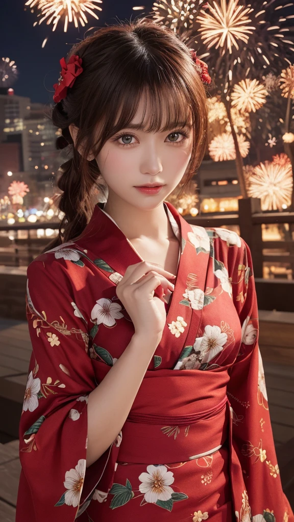 masutepiece, Best Quality, Illustration, Ultra-detailed, finely detail, hight resolution, 8K Wallpaper, Perfect dynamic composition, Beautiful detailed eyes,(( Red pattern))nine,Yukata, Hanabi background