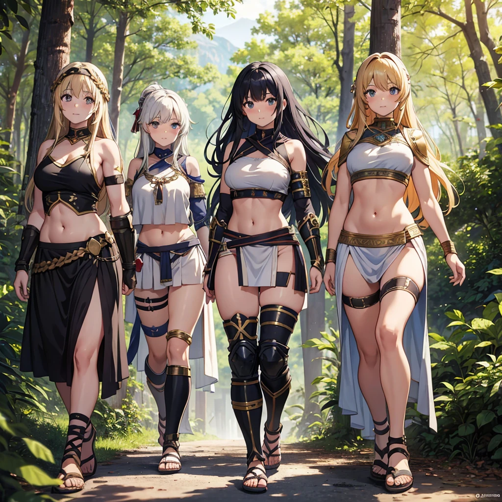 a group of greek warriors womans in togas , only girls , forest in the background , light armor , elbow pads, knee pads, shoulder pads, black armor , sandals , sexy, exposed belly, muscular girl, defined abdomen,stomach, multiple girls, looking at viewer , long hair, bare shoulders, outdoors, sandals
