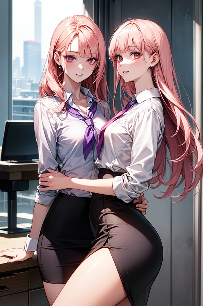 (masterpiece:1.2, top-quality), (realistic, photorealistic), beautiful illustration, (natural side lighting, movie lighting), ,
beautiful detailed hair, beautiful detailed face, beautiful detailed eyes, beautiful clavicle, beautiful body, beautiful chest, beautiful thigh, beautiful legs, beautiful hands,
looking at viewer, 1 girl, japanese, office lady, 20 years old, perfect face, cute and symmetrical face, shiny skin,
(very long hair, straight hair, salmon pink hair), blunt bangs, maroon eyes, slant eyes, long eye lasher, (medium breasts, small ass, thin thighs), slender, outstanding style,
detailed cloth texture, ((light purple stripe very small neckerchief, white collared shirt, business suit, pencil skirt)),
(beautiful scenery), spring, evening, (downtown), standing, (lovely smile, parted lips),