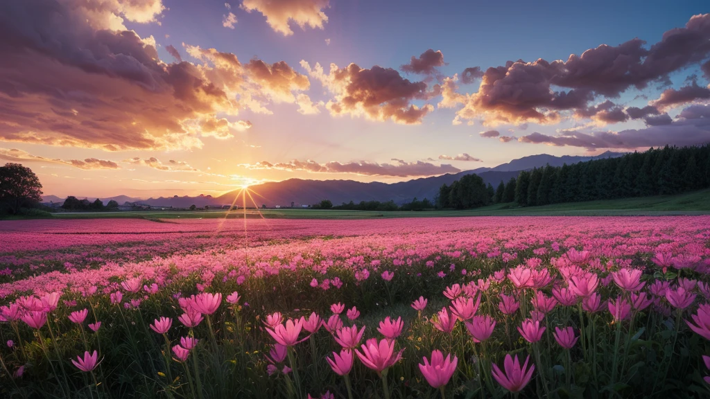 masterpiece , best quality , sunset, field , pink flowers , realistic,