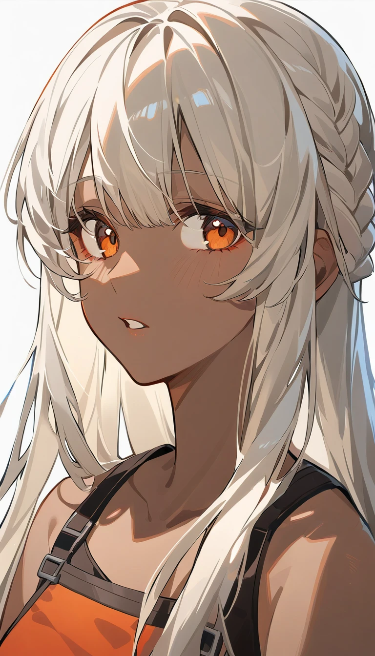 A Girl with platinum blonde long hair, slightly brown skin amber eyes, two toned lips, braided hair