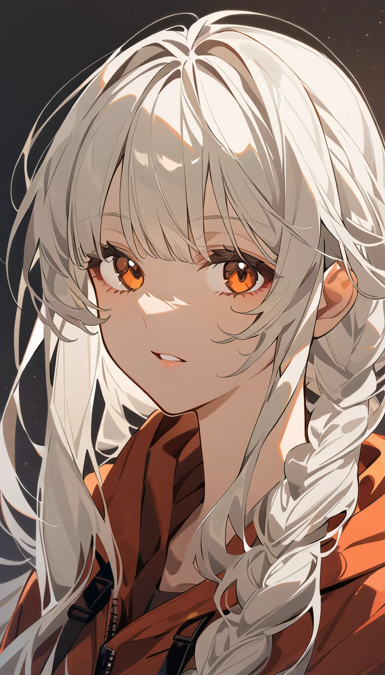 A Girl with platinum blonde long hair, slightly brown skin amber eyes, two toned lips, braided hair