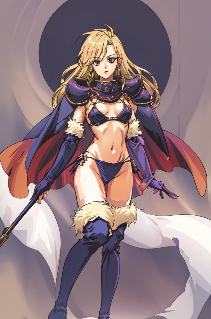 masterpiece, best quality, 1girl, solo, looking at viewer, deladelon, earrings, bikini armor, cape, elbow gloves, pauldrons, thigh boots, fur trim