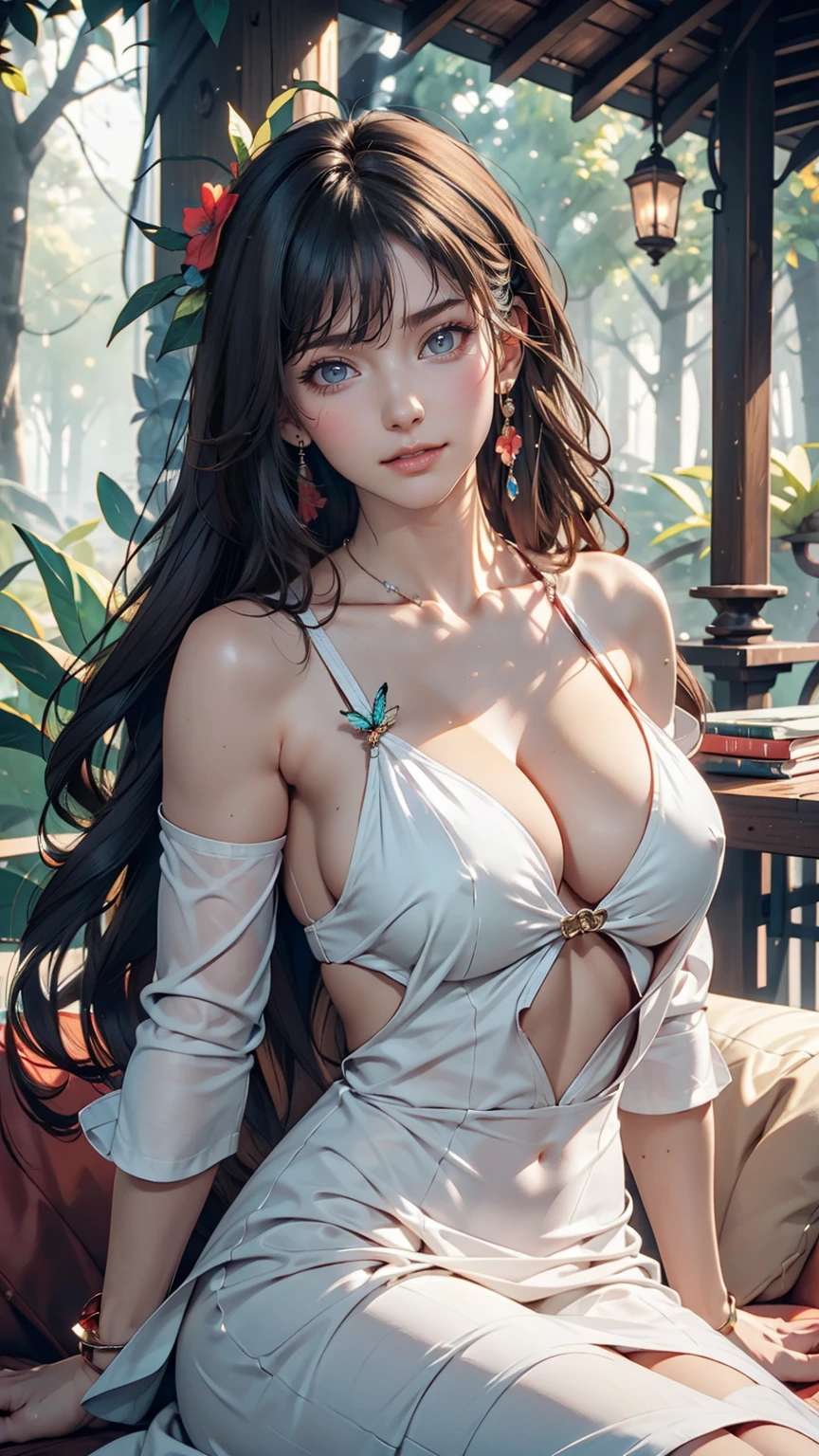 Tratrix Mantis,short,Mantis Sleeve,alone, One girl,whole body,Sitting,Forest Background,masterpiece,alone,Beautiful attention to detail,In detail,Detailed face,Bright colors,Five fingers,In detailed,Super detailed,Detailed hands,8K,In detailed beautiful eyes,High resolution illustrations,Highest quality,Sexy proportions、Sexy、Long eyelashes、Attractive lips、Narrow waist、Strap shoulder dress、Accessories on your wrist、Flower-decorated hair ornament、Sexy earrings、The skin is so white that it comes off、smile