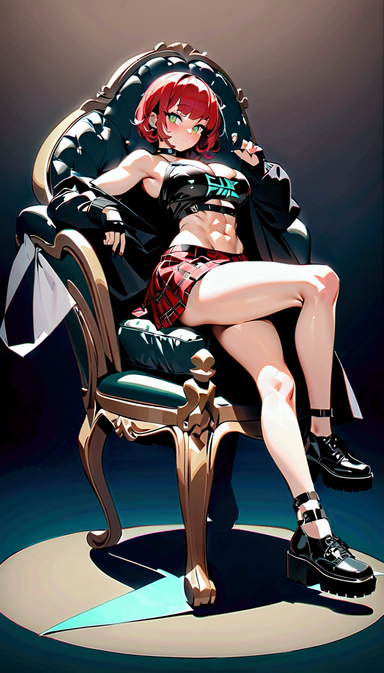 woman, curly red pixie cut hair, green eyes, wearing crop top black shirt, long black jacket, red plaid skirt, (black knee high boots), black fingerless gloves, exposed shoulders, (full body), large breasts freckles, cleavage, abs, looking at viewer, masterpiece, best quality, an14, Holo-Punk Style, sitting on chair
