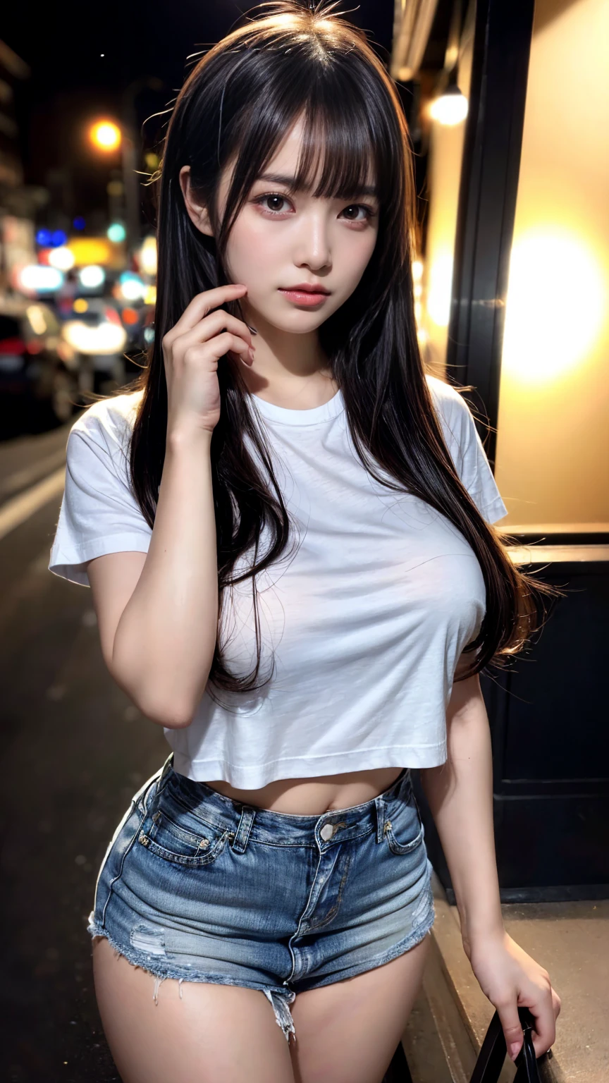 masterpiece, best quality, illustration, Super detailed, fine details, High resolution, 8K,wall paper, perfect dynamic composition,(Details High quality, realistic depiction of eyes:1.3), (Fashionable, white t-shirt, a denim miniskirt), large breasts, black hair color, bold sexy pose, Big Natural Color Lip, bitch, Harajuku style、20 year old girl、cute type、lolita、beautiful legs, night club, at midnight, Gravure Idol