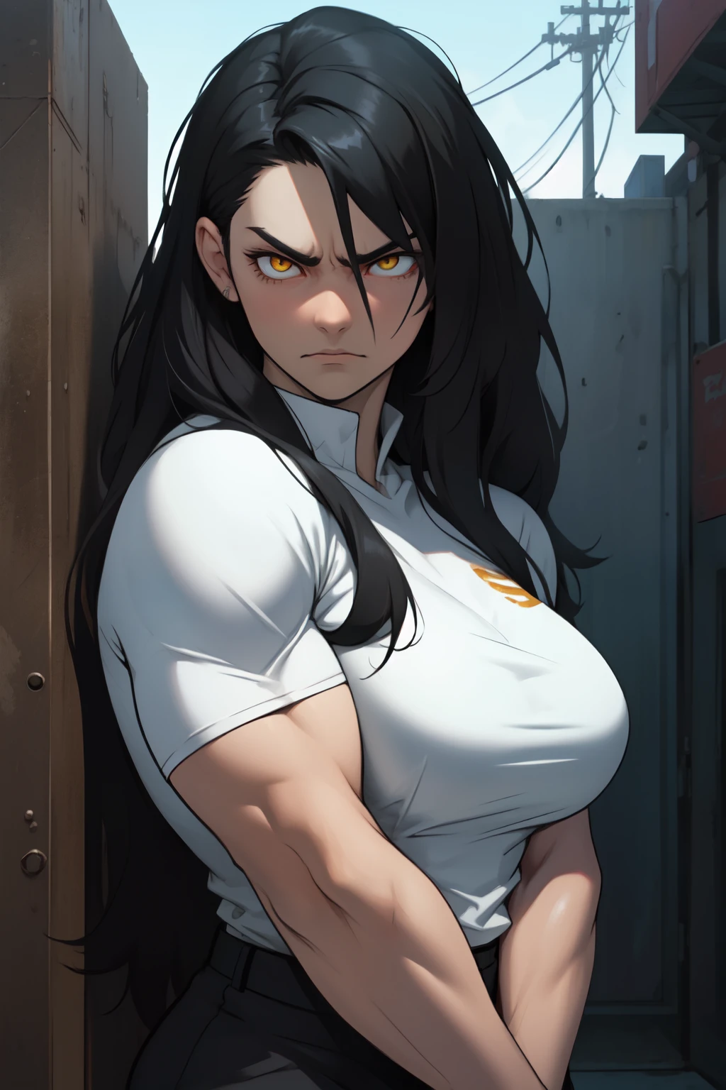 giant muscles huge breasts massive hair pale skin black hair yellow eyes long straight hair angry sad sad girl sad