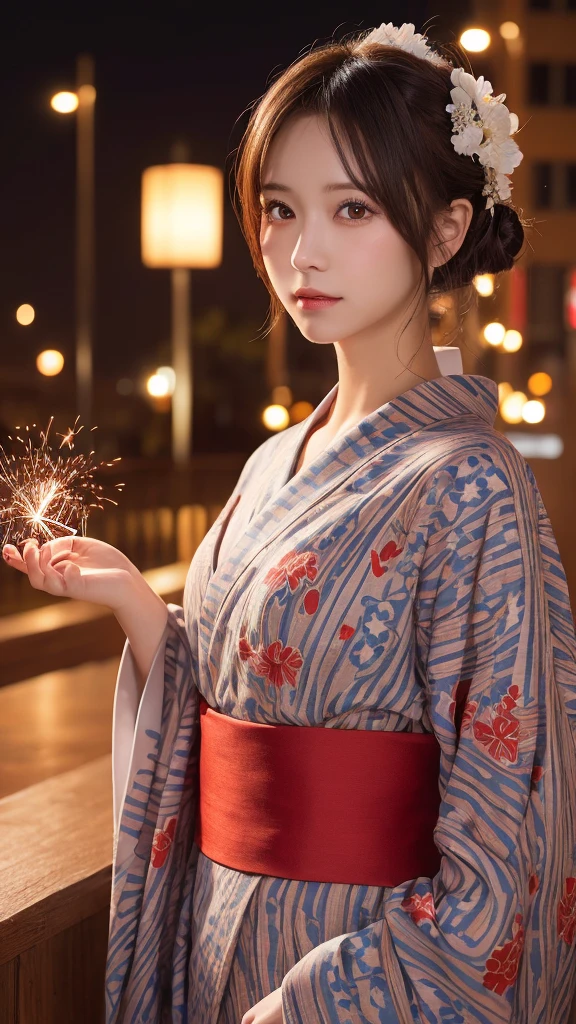 masutepiece, Best Quality, Illustration, Ultra-detailed, finely detail, hight resolution, 8K Wallpaper, Perfect dynamic composition, Beautiful detailed eyes,(( Red pattern))nine，Yukata, Hanabi background