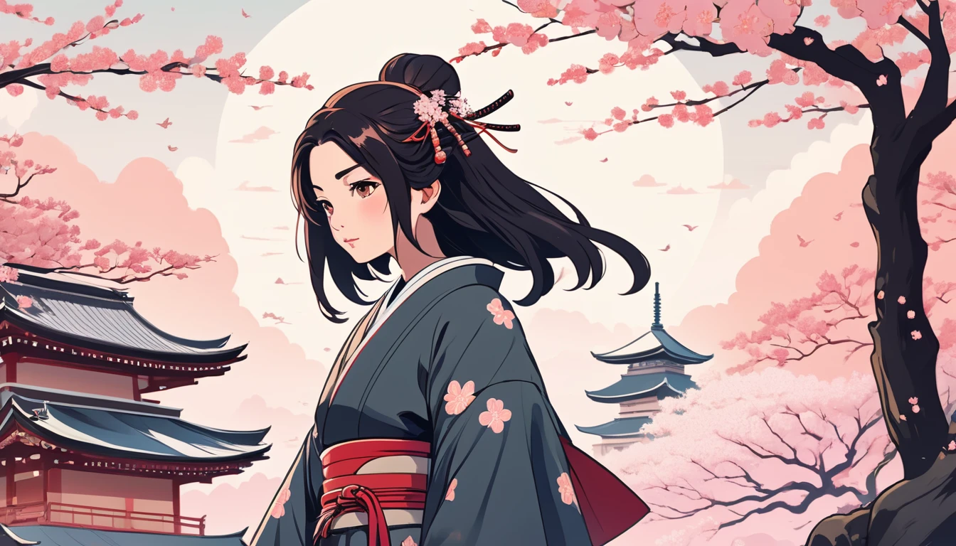 Female samurai,Background is cherry blossoms and a Japanese temple、 Wide-angle lens, Lofi Anime, Lofi illustration, Aesthetic atmosphere, Lo-Fi Style, Vector art, Flat Design, Simple shape, Warm tones, Pleasant atmosphere, Chill, In anime style, Digital drawing, Vector art, Vector logo for t-shirt printing, (Adorable:1.5), (small:1.4), (Playful:1.2), (soft:1.3), (Whimsical:1.1), masterpiece, Highest quality, 8K, Intricate details, grow, Celestial, Mysterious, Picturesque, amazing, Majestic, Magic, Fantasy art, Cover art, dream-like