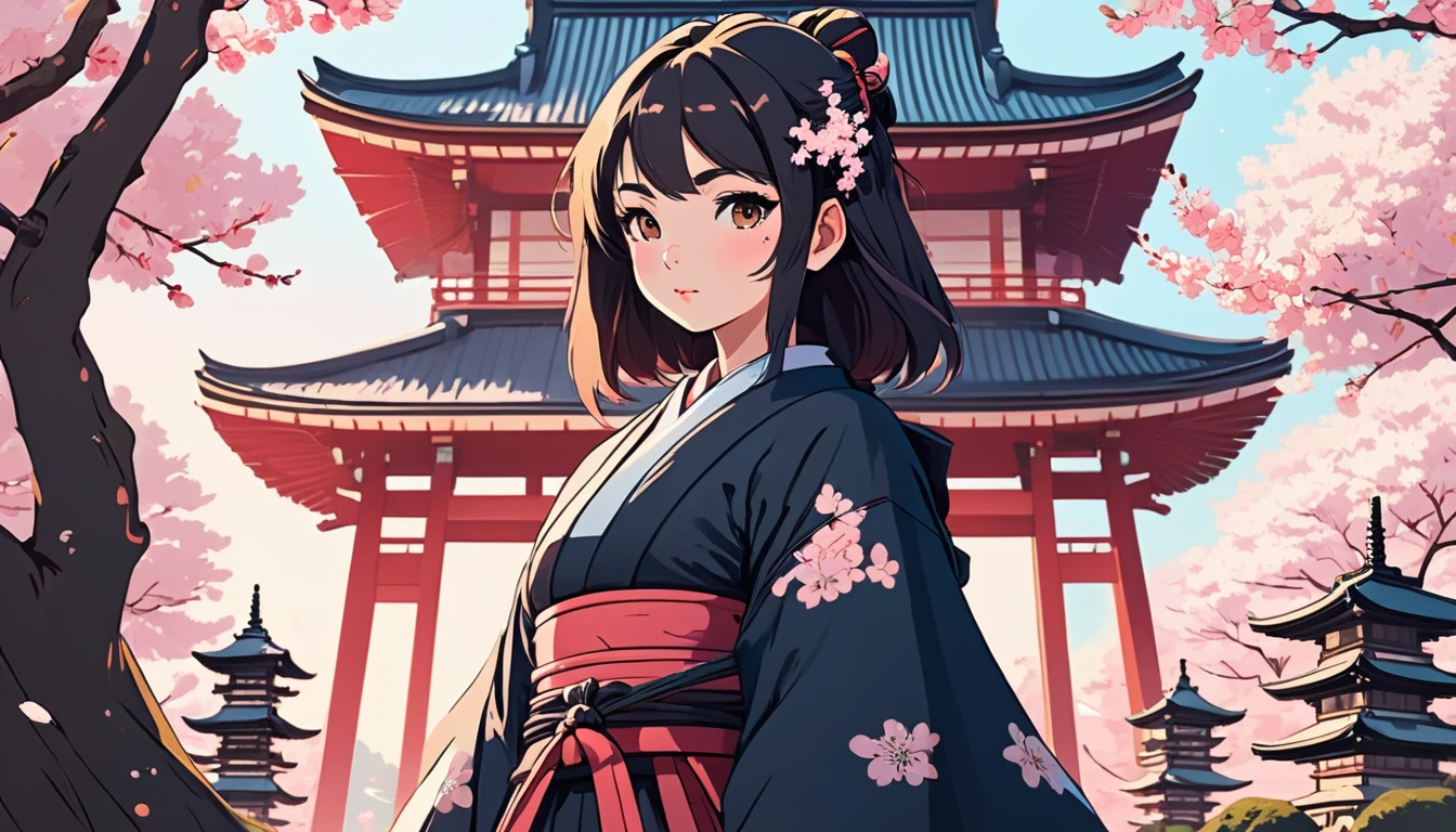 Female samurai,Background is cherry blossoms and a Japanese temple、 Wide-angle lens, Lofi Anime, Lofi illustration, Aesthetic atmosphere, Lo-Fi Style, Vector art, Flat Design, Simple shape, Warm tones, Pleasant atmosphere, Chill, In anime style, Digital drawing, Vector art, Vector logo for t-shirt printing, (Adorable:1.5), (small:1.4), (Playful:1.2), (soft:1.3), (Whimsical:1.1), masterpiece, Highest quality, 8K, Intricate details, grow, Celestial, Mysterious, Picturesque, amazing, Majestic, Magic, Fantasy art, Cover art, dream-like