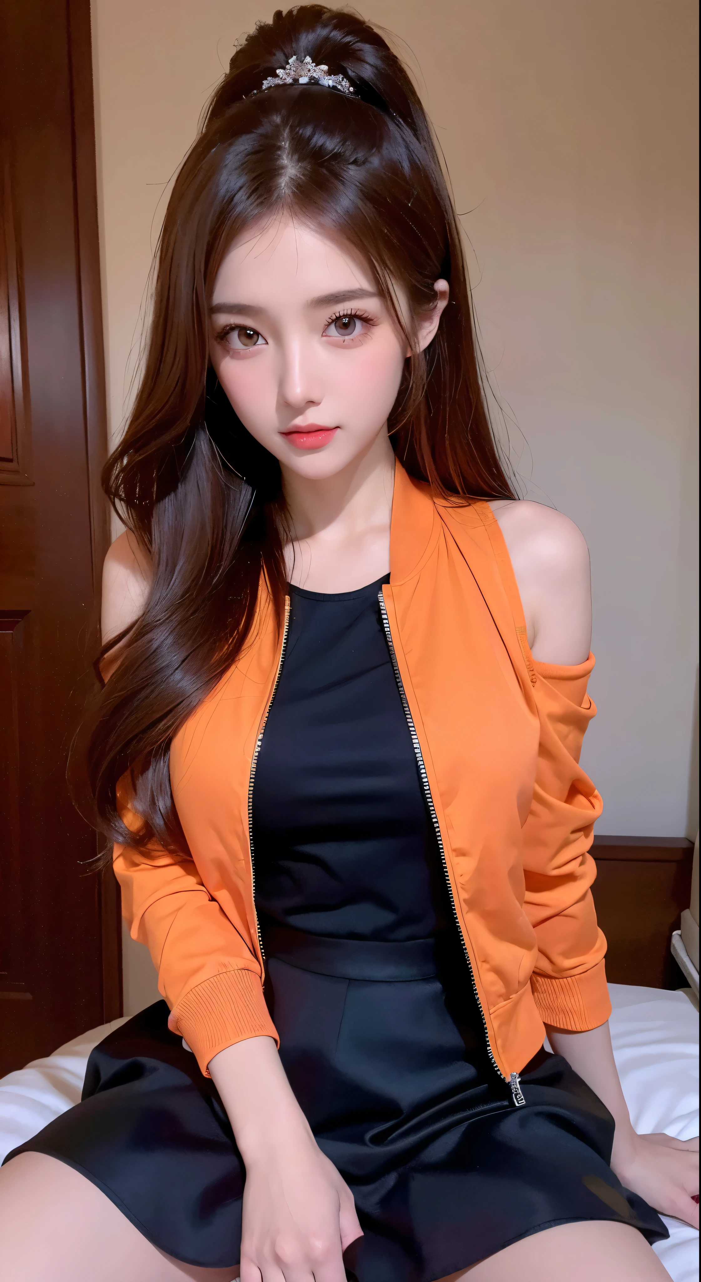 Full-body high-definition images，(8K、Highest quality、masterpiece:1.2)、(Highest quality:1.0)、(Ultra-high resolution:1.0)、Visual beauty、Beautiful woman、(Shiny eyes)、Shoulder headband、Super bright design、In an orange jacket and a tight black skirt、Spring Light、Chestnut Hair、Beautiful Style，With highly detailed faces。Full body high quality images