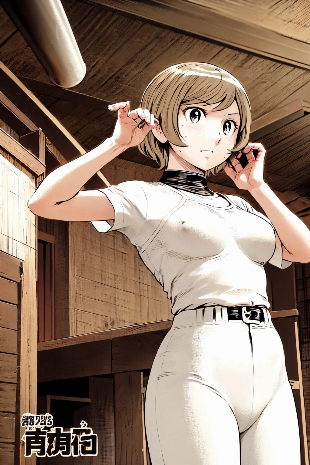 (Baseball uniforms:1.2),
blonde, (short hair:1.2),White trousers、Black belt、((Illustration of people))、Tube top bra、
View your viewers,, (Highest quality:1.3), White pants、Outdoor、baseball ground、ground、soil、blue eyeasterpiece、Highest quality)、Highest quality, Ultra-high resolution, (((masterpiece))), alone, Sweat、Big eyes、Large breasts、Torn clothes、 Fully exposed、Nipples、One Girl, Front view、Embarrassed face、Bronze colored hair、((short hair))、Stand up straight、Cowboy Shot