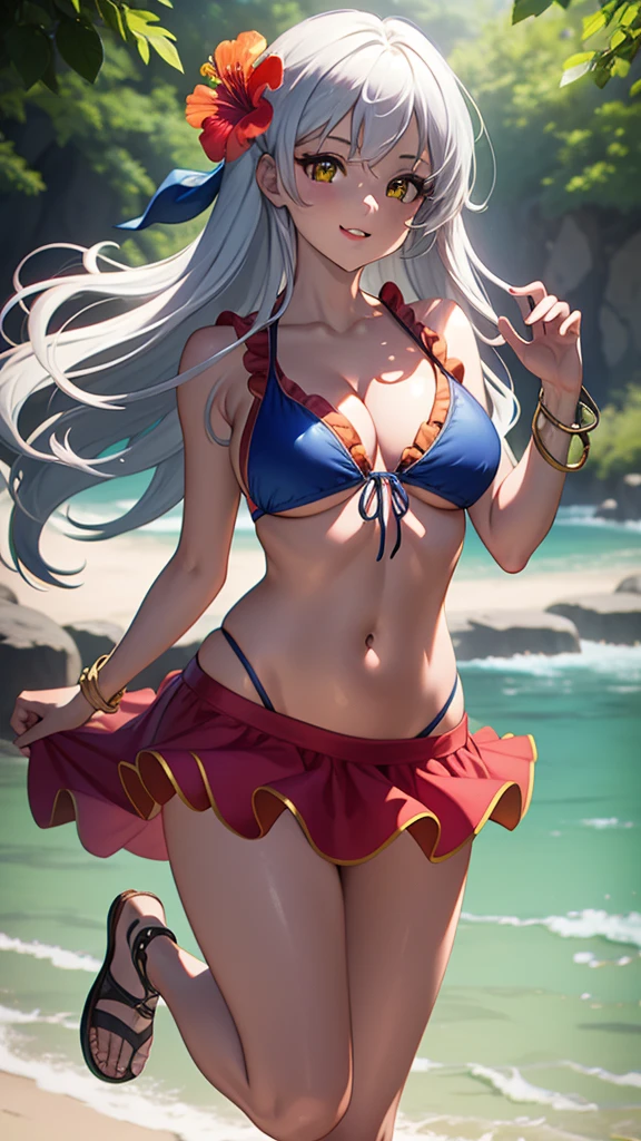 masterpiece, best quality, 1 solo girl, silver hair, yellow eyes, long hair, medium breasts, sexy body and face, wavy hair, smile, parted lips, bikini, red bikini skirt, navel, sandals, cleavage, collarbone, bare shoulders, jewelry, bracelet, blue scarf, ribbon, hibiscus, frills, sleeveless, hair flower, toeless footwear, outdoors, summer, sexy pose, cowboy shots, detailed body, face, and eyes, sharp focus, vibrant, creative, dynamic, high definition, high resolution, 8k, (Upscale: R-ESRGAN 4x+ Anime6mage enchance:4x), voluptuous body, cinema lightning, dakimakura style, looking at the viewer,