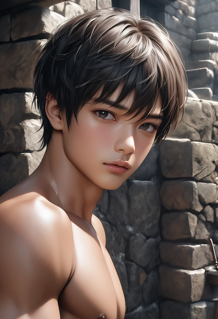 high quality, detailed, photo Realistic, (22 years old tanned japanese idol boy), (detailed black eyes), (black short hair),(tanned shiny skin:1.3), black tiny thong, bulge,(detailed nipples), yard, dungeon, (best quality,4k,8k,highres,masterpiece:1.2), (face close up:0.8),(realistic,photorealistic,photo-realistic:1.37),