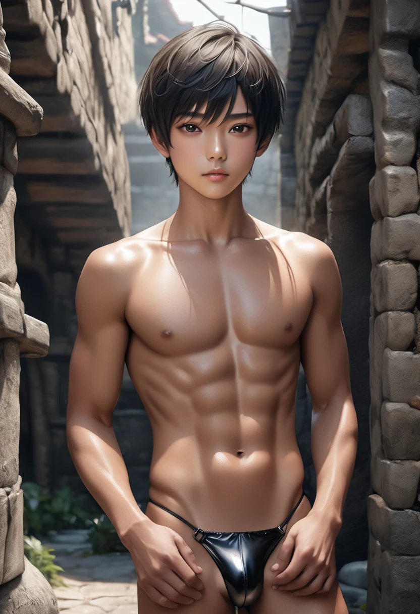 high quality, detailed, photo Realistic, (22 years old tanned japanese idol boy), (detailed black eyes), (black short hair),(tanned shiny skin:1.3), black tiny thong, bulge,(detailed nipples), yard, dungeon, (best quality,4k,8k,highres,masterpiece:1.2), (face close up:0.8),(realistic,photorealistic,photo-realistic:1.37),