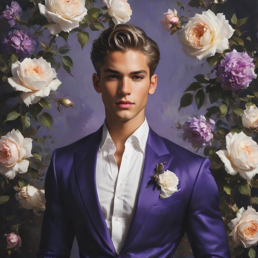 Candid Vogue fashion (full-body shot) of mixed male supermodel, 23 year old, short platinum silver hair, masculine appearance with slender physique, symmetric face, natural olive skin tone, exudes youthfulness and athleticism, he is very photogenic, Position against an ornate dark purple background featuring a purple and white rose floral painting wallpaper to add depth and richness to the scene, ((Depict Lucifer as a charismatic and sophisticated figure)), He is a striking presence with an air of mystery and intelligence. wears a well-fitted, light purple blazer over a white shirt, with dark jeans and stylish shoes. His demeanor is confident and charming, with a subtle hint of his divine origins in his calm and intense gaze. The background should be a modern, urban setting with a blend of sophistication and casualness, evoke the soft ethereal quality of the Renaissance style, raw photo, ((masterpiece)), (best quality), High Resolution, (ultra_realistic), photorealistic, ((Pay attention to the layer and arrangement of body parts and surrounding objects)), ((Pay attention to the body composition)), ((Correct body structure)), ((Correct photo distance)), romantic atmosphere, lively extremely Gorgeous background),