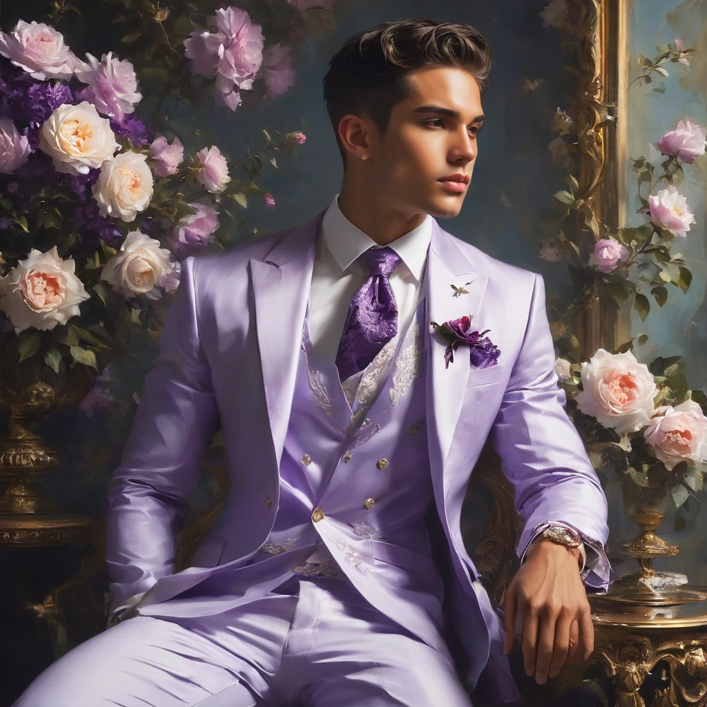 Candid Vogue fashion (full-body shot) of mixed male supermodel, 23 year old, short platinum silver hair, masculine appearance with slender physique, symmetric face, natural olive skin tone, exudes youthfulness and athleticism, he is very photogenic, Position against an ornate dark purple background featuring a purple and white rose floral painting wallpaper to add depth and richness to the scene, ((Depict Lucifer as a charismatic and sophisticated figure)), He is a striking presence with an air of mystery and intelligence. wears a well-fitted, light purple blazer over a white shirt, with dark jeans and stylish shoes. His demeanor is confident and charming, with a subtle hint of his divine origins in his calm and intense gaze. The background should be a modern, urban setting with a blend of sophistication and casualness, evoke the soft ethereal quality of the Renaissance style, raw photo, ((masterpiece)), (best quality), High Resolution, (ultra_realistic), photorealistic, ((Pay attention to the layer and arrangement of body parts and surrounding objects)), ((Pay attention to the body composition)), ((Correct body structure)), ((Correct photo distance)), romantic atmosphere, lively extremely Gorgeous background),