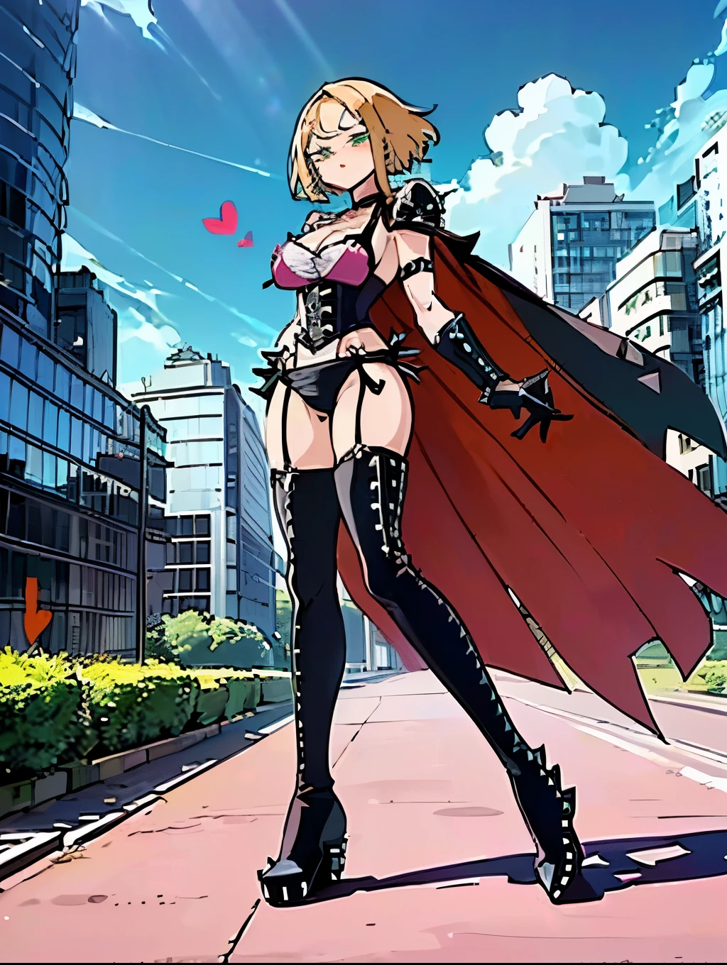 ((My Hero Academia Style)), ((((Desumi Magahara)))), (((Love after world domination))), (((1girl))), (((female))), (((solo))), (((black spiked corset))), (((black corset))), (((spiked corset))), (((thin black button bikini))), (((thin bikini))), (((Black Bikini))), (((thin button bikini))), (((black button bikini))), (((black garter belt))), (((studded black thigh high boots))), (((black high studded boots))), (((black thigh high boots))), (((high studded boots))), (((high boots))), (((Studded Thigh Boots))), (((Thigh High Boots))), (((Studded Boots))), (((Thigh High Boots))), (((Studded Thigh Boots))), (((Studded Pointed Shoulder Pads))), (((Pointed Shoulder Pads))), (((Studded Shoulder Pads))), ((((heart-shaped breast patches)))), ((((heart breast patches)))), ((( breast patches))), (((bright green eyes))), (((evil look))), (((blonde))), ((((full body photo:1.5)))), (((perfect anatomy))), (((Perfect Hands))), (((perfect face))), ((((long black studded giants)))), (((black studded gloves))), ((((long black gloves))), (((long studded gloves))), (((black gloves))), (((long gloves))), (((studded gloves))), (((medium breasts))), (((toned hips))), (((toned thighs))), (((slender waist))), (((toned calves))), (((slightly muscular marked))), (((sexy pose))),