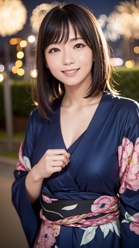 Japanese girl looking at the viewer, posing with a smile (highest quality, masterpiece))), wearing Navy Yukata、High resolution, very detailed, masterpiece, cinematic lighting, (8K, highest quality, masterpiece: 1.2), (realistic, photorealistic: 1.37) high resolution, Super detailed, 1 girl, ASİAN, cute, cute face, alone, short hair 1.2, rough skin, beautiful smile, beautiful detailed sky, Details cafe, night, movie lighting, Depth of the bounds written, lens flare light, On a date, (blush), (smile: 1 ),(closed your mouth), Beautiful eyes in every detail, (long hair: 1.2 floating hair nova frog style,Spectacular fireworks bursting into the night sky