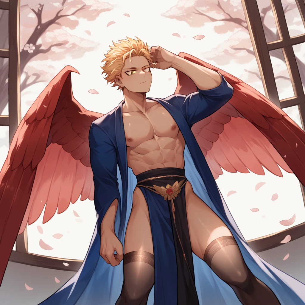 [1], only, gay blonde boy, slicked back hair, two front strands, gold eyes, red bird wings on its back, fine ranges, delicate, submissive, small waist, curves thighs, Clothes: lingerie, revealing blue robe, short transparent, dark stockings above the knees, scenery: room illuminated by large windows, sentado de rodillas encima de un futón submissive, dark cherry blossoms, Hawks, Boku no hero academia