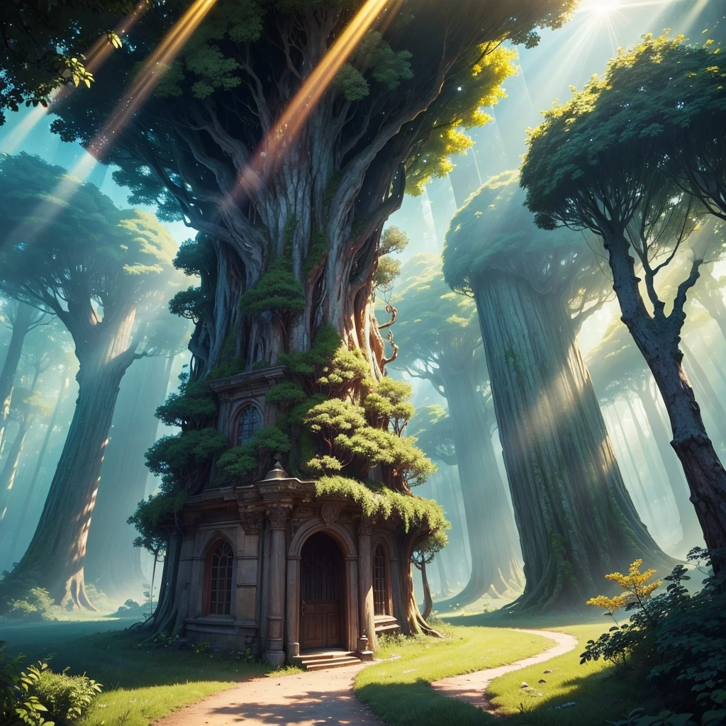 mysteriousな超巨大なトンネルの中に森がある,Giant Tree Forest,Ultra-realistic,universe,There is a huge tree,There is a road in the middle of the forest,Different world,The sunlight from the sun shines on the earth,Colorful,Best Quality,8K,mysterious,Multidimensional,High Dimension,Fantasy,Different space,There are many different creatures,heaven,Paradise,Nature,romantic,A world beyond imagination,Dream world,universe,Huge river,masterpiece,最高masterpiece,perfection,