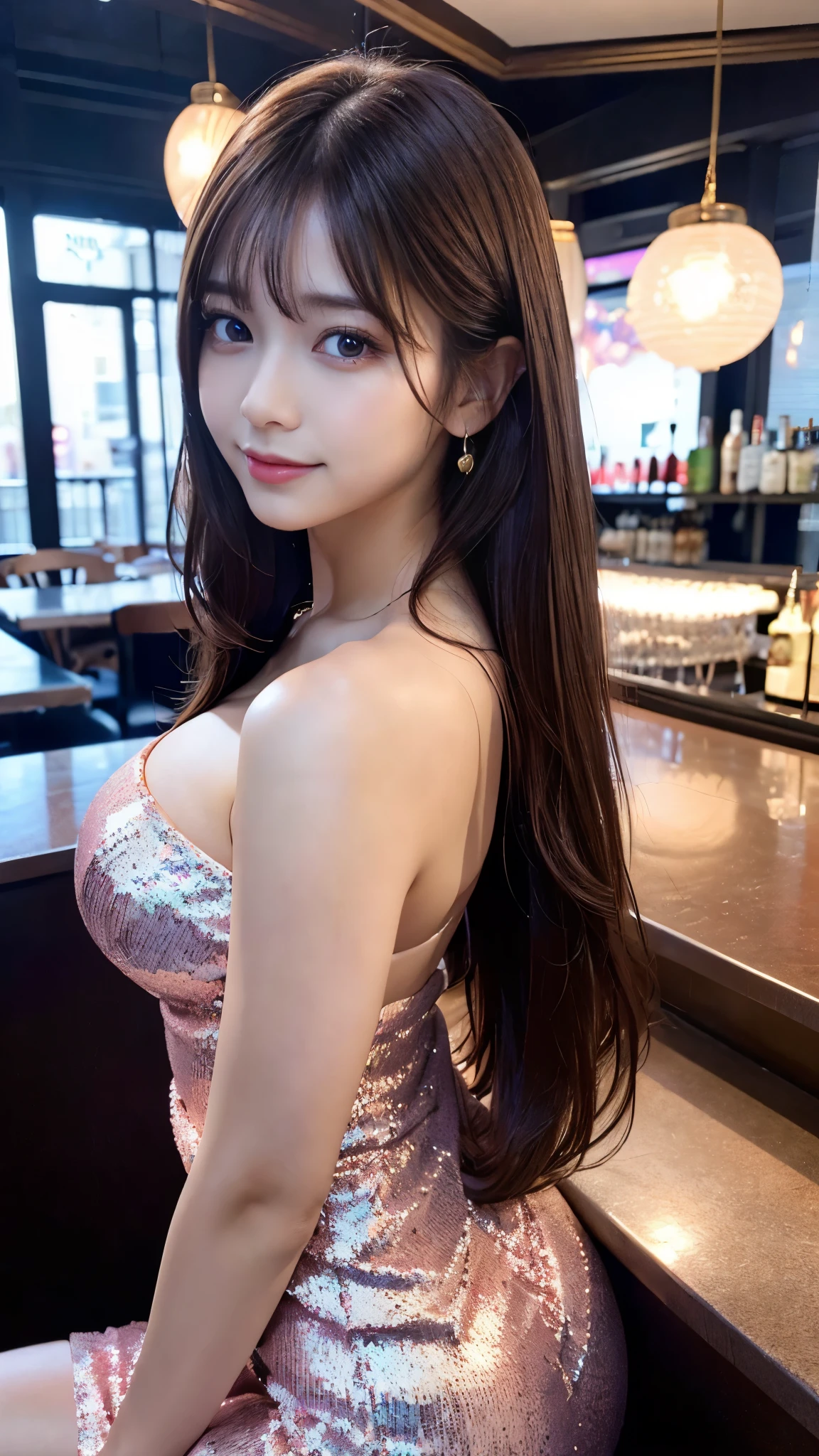 (Detailed skin:1.2),(Shiny skin:1.1),8K,Highest quality, masterpiece, Ultra-high resolution,(Realistic:1.4), RAW Photos,(Soft saturation:1),(Fair skin:1.2),(Succubus:1.1),Half-Japanese beauty,repair,20 years, Light brown hair,(Silky straight long hair:1.3)), Asymmetrical Hair, (Pretty face:1.4), (Large Breasts, Tight waist,Big firm hips:1.2), Beautiful lighting, (tight sequin dress:1.2),(Highly detailed face, Highly detailed lips, fine grain, double eyelid,Highly detailed and evenly balanced eyes), (Sharp focus:1.2), ((Full Body Shot)),(Perfect Anatomy:1.3),(Beautiful woman with perfect figure: 1.2)、((Sexy pose:1.2))、Sharp Eyes,smile,(A bar on the top floor with a beautiful night view),(Put your hands on the bar counter and turn around:1.2),(backstyle:1.2)