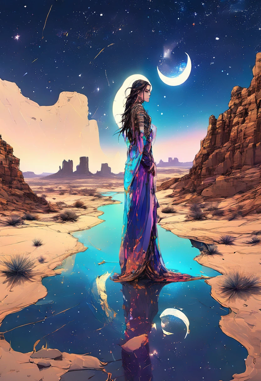 Detailed night sky reflected in vast desert landscape、A complex starry sky with a crescent moon、Desert Princess Standing in the Desert、Cinematic and dramatic lighting、Shining horizon、Award-winning、4K、Super fine、(Realism:1.37)、(Highest quality:1.2)、Cinematic composition、Stunning colors、Dramatic atmosphere、Breathtakingly beautiful、Calm、mysterious、Epic Scale