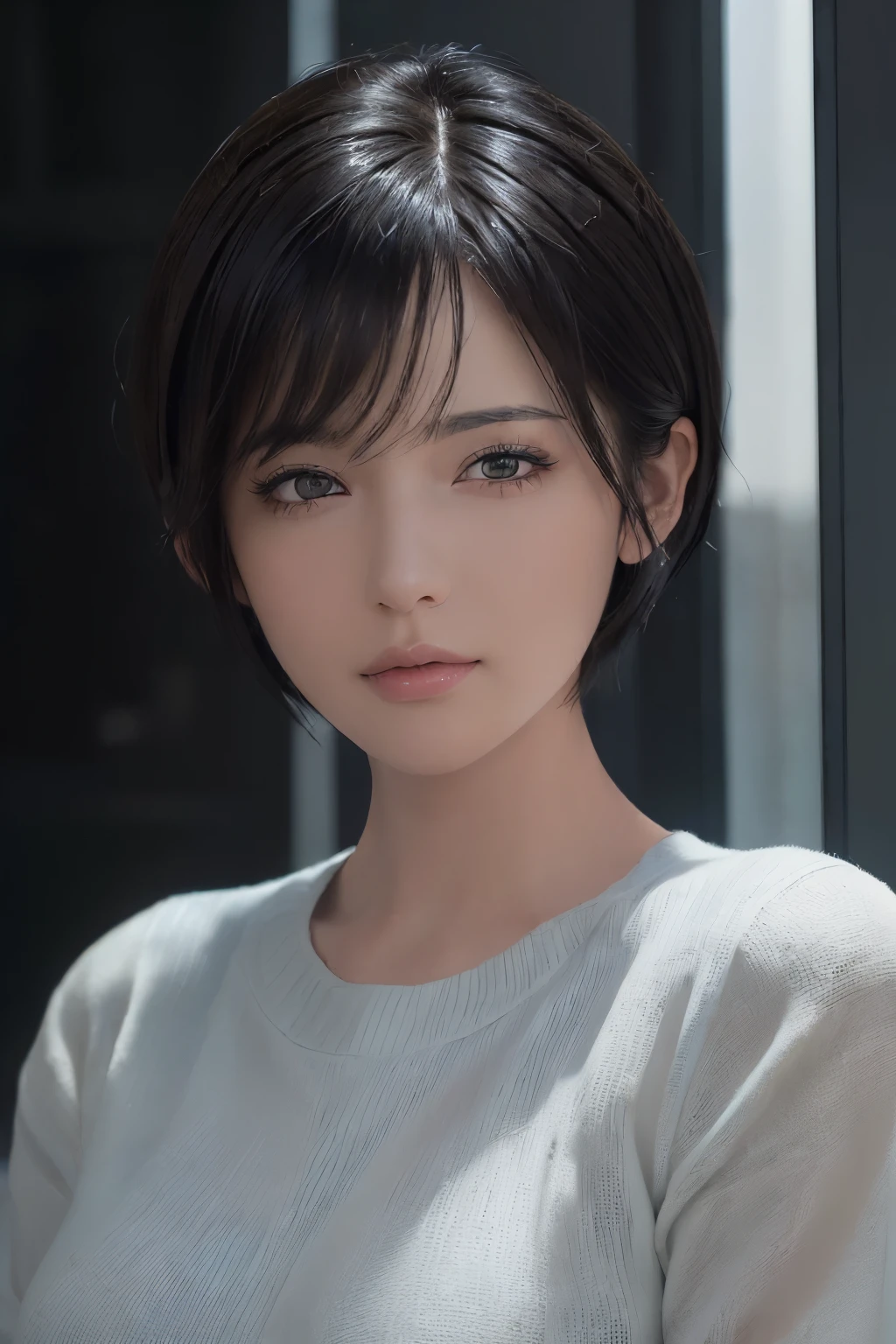 (masterpiece:1.3), (8k, photorealistic, RAW photo, best quality: 1.4), (1girl), beautiful face, (realistic face), (black hair, short hair:1.3), beautiful hairstyle, realistic eyes, beautiful detailed eyes, (realistic skin), beautiful skin, (sweater), absurdres, attractive, ultra high res, ultra realistic, highly detailed, golden ratio