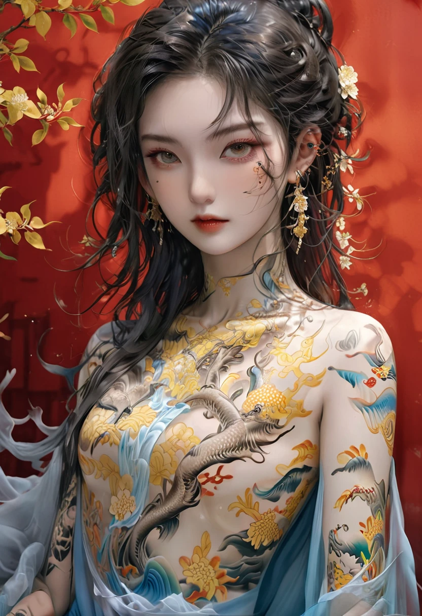 Chinese Beauty, Charming temperament, floating long dress, Clear face, beautiful eyes, Around osmanthus flowers, A masterpiece of perfect body structure proportions, Very detailed, Epic Composition, Color Tattoo Art, Neo-Traditional Tattoo Art, SD tattoo design, Color Tattoo Art, Mysterious and warm and friendly atmosphere, Surrealism, Ultra HD, high quality, best quality, 32K --v 6