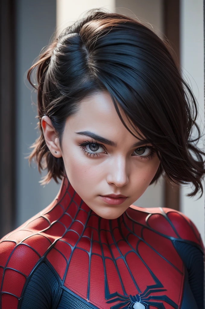 A photograph of Spider-Man, without mask, the 20s, bonitas, face detailed, looking at the camera, portraite, 8k hd, high qualiy