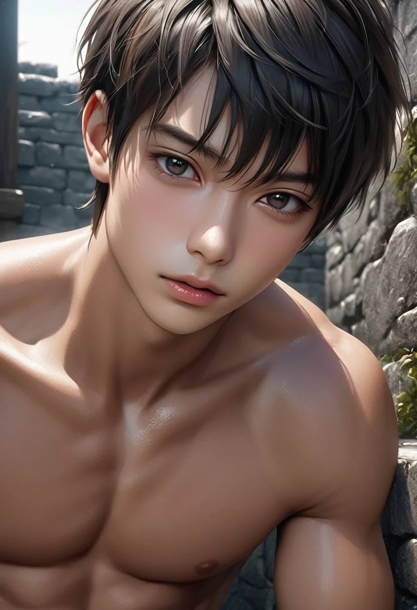 high quality, detailed, photo Realistic, (22 years old tanned japanese idol boy), (detailed black eyes), (black short hair),(tanned shiny skin:1.3), black tiny thong, bulge,(detailed nipples), yard, dungeon, (best quality,4k,8k,highres,masterpiece:1.2), (face close up:0.8),(realistic,photorealistic,photo-realistic:1.37),