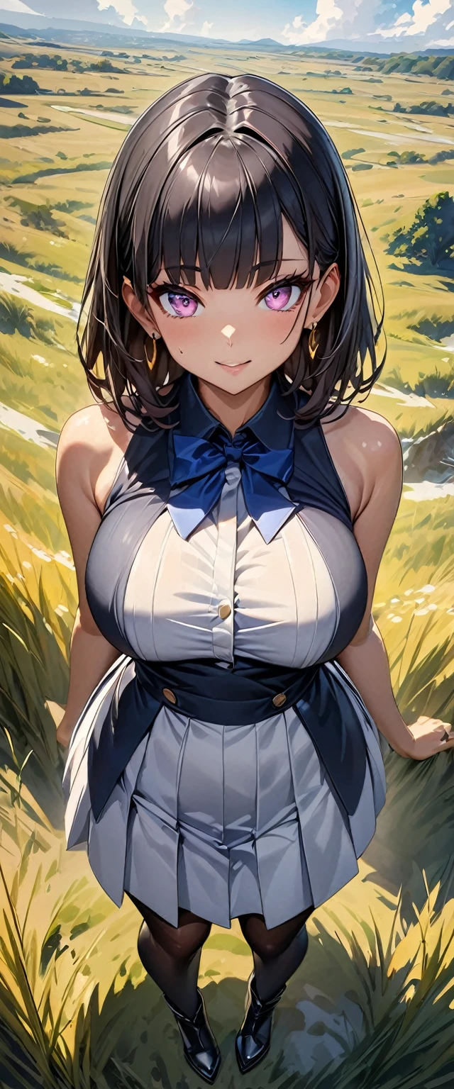 (Perfect Anatomy)、Mastepiece、Ultra High Quality、 8K、masterpiece、Highest quality、Ultra-high resolution、Maximum resolution、Very detailed、Professional Lighting、anime、Adult female、thin、so beautiful、Highly detailed eye、Highly detailed face、Golden earrings、Black Hair,、Pink eyes , grassland,, medium hair, Straight bangs, full body, show off breasts, Blue sleeveless dress、pantyhose, super long boots