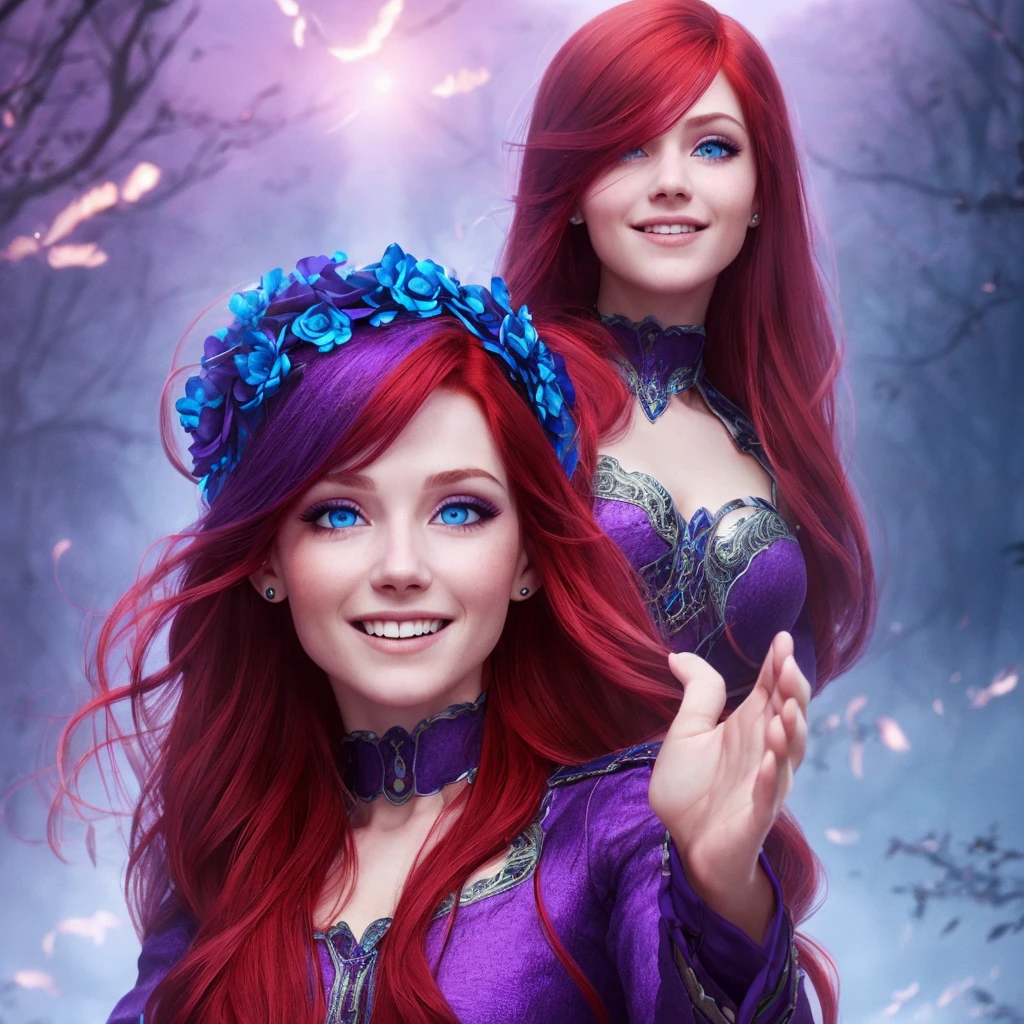woman, detailed red hair, intense blue eyes, purple outfit, radiant smile, with hands inviting to enter