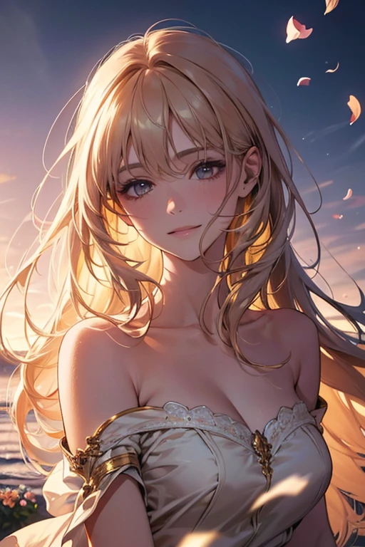 ,(best quality,4k,8k,highres,masterpiece:1.2),ultra-detailed,(realistic,photorealistic,photo-realistic:1.37),oil painting,portrait,colorful,pastel colors,soft lighting,flower garden,serene atmosphere,captivating smile,pure and innocent,golden hour,slightly blurred background,vivid colors,happy expression,long flowing hair,graceful pose,natural lighting,floating petals,dreamy ambiance,gentle breeze,delicate features