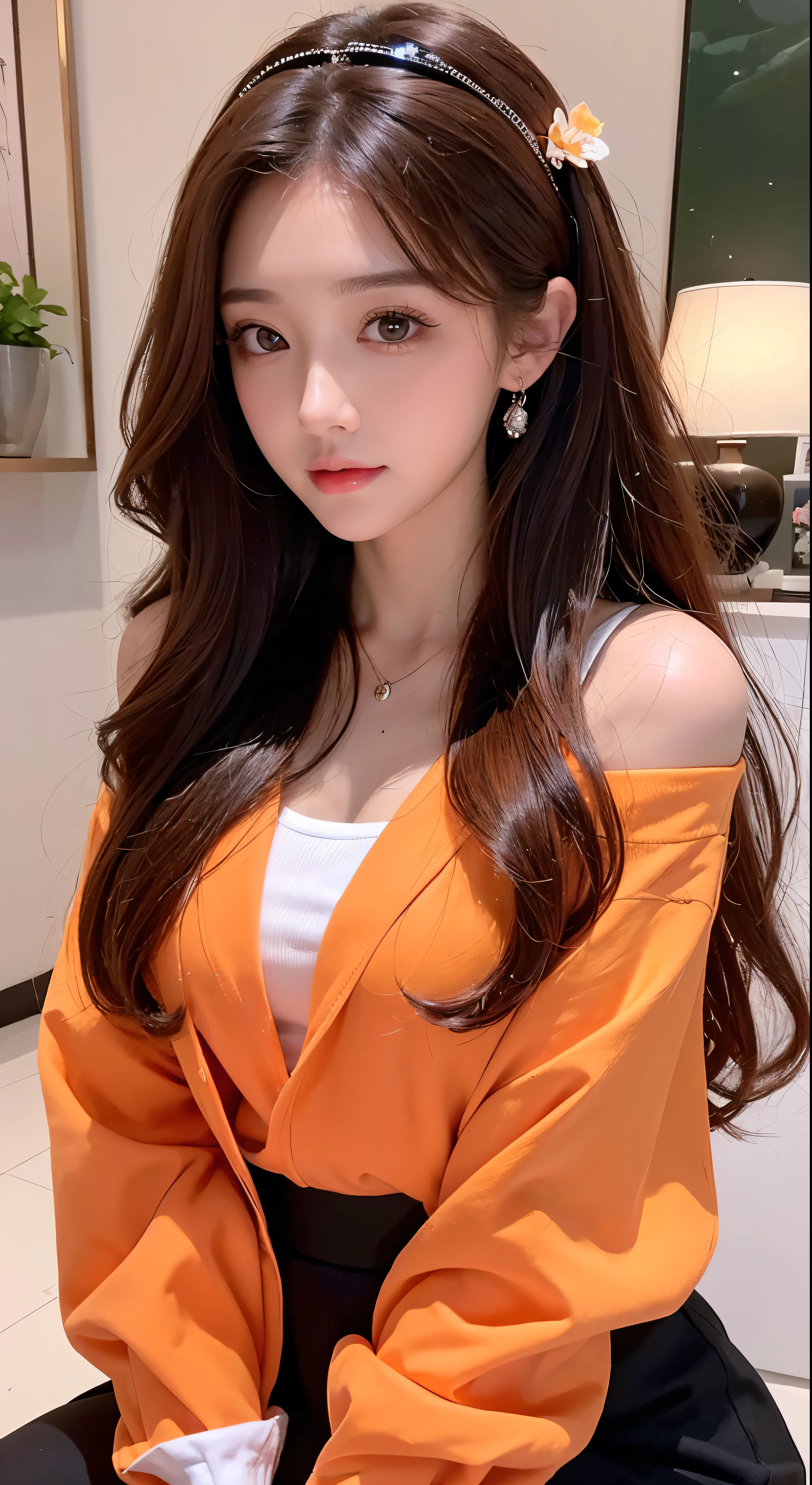 Full-body high-definition images，(8K、Highest quality、masterpiece:1.2)、(Highest quality:1.0)、(Ultra-high resolution:1.0)、Visual beauty、Beautiful woman、(Shiny eyes)、Shoulder headband、Super bright design、In an orange jacket and a tight black skirt、Spring Light、Chestnut Hair、Beautiful Style，With highly detailed faces。Full body high quality images