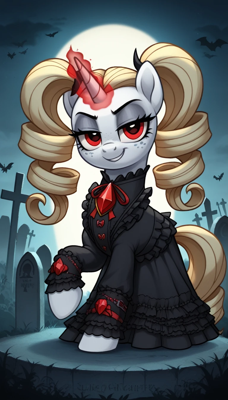 score_9,score_8_up,score_7_up,score_6_up, female, unicorn, white fur, curly blonde hair, twintails, freckles, red eyes, Gothic pony, lolita fashion, glowing backlight, fashion show, graveyard scene, glitter, whimsical, enchanted, magical, fantasy art concept, intricate details, insane smug smile, glowing horn,