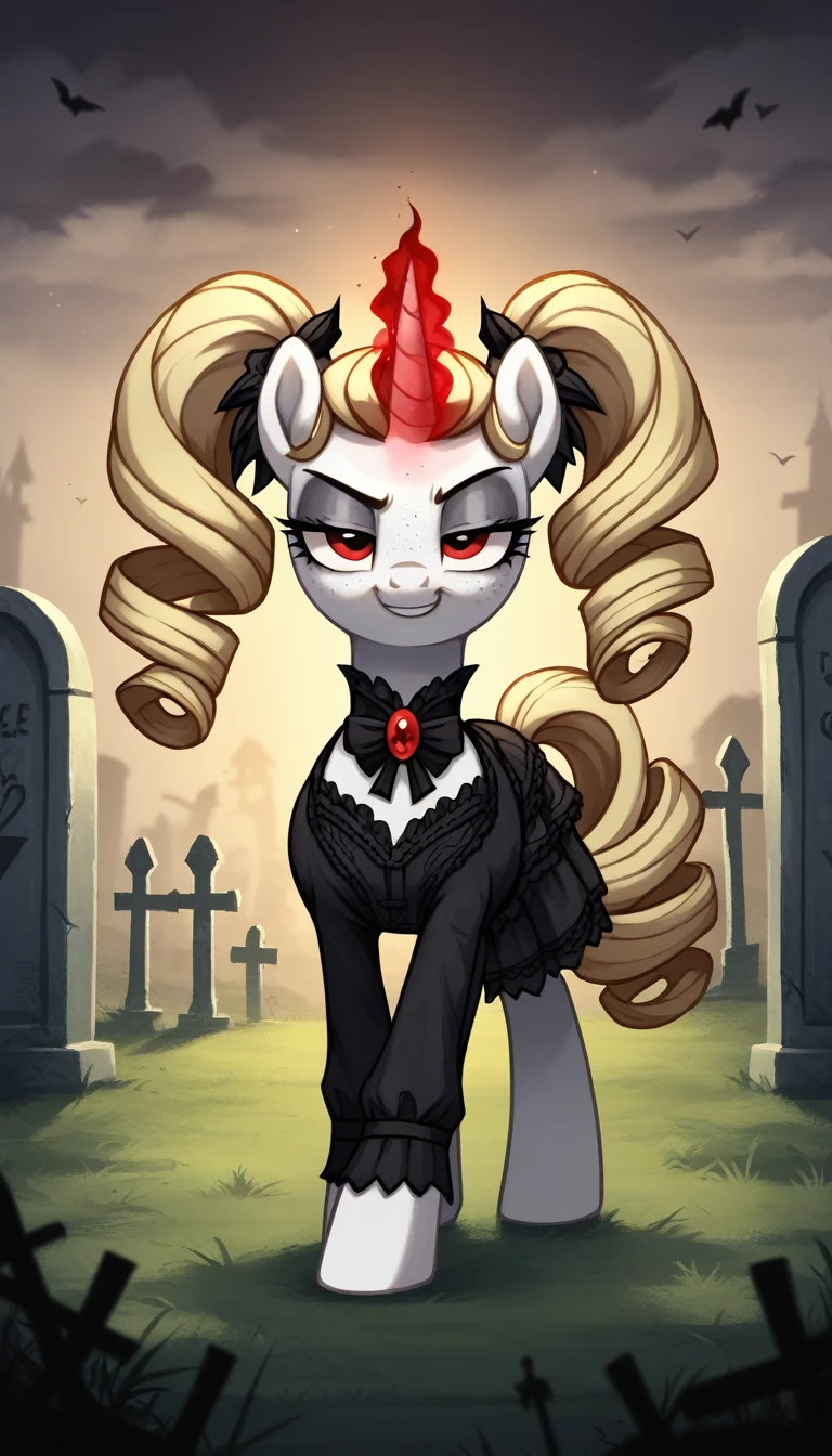 score_9,score_8_up,score_7_up,score_6_up, female, unicorn, white fur, curly blonde hair, twintails, freckles, red eyes, Gothic pony, lolita fashion, glowing backlight, fashion show, graveyard scene, glitter, whimsical, enchanted, magical, fantasy art concept, intricate details, insane smug smile, glowing horn,