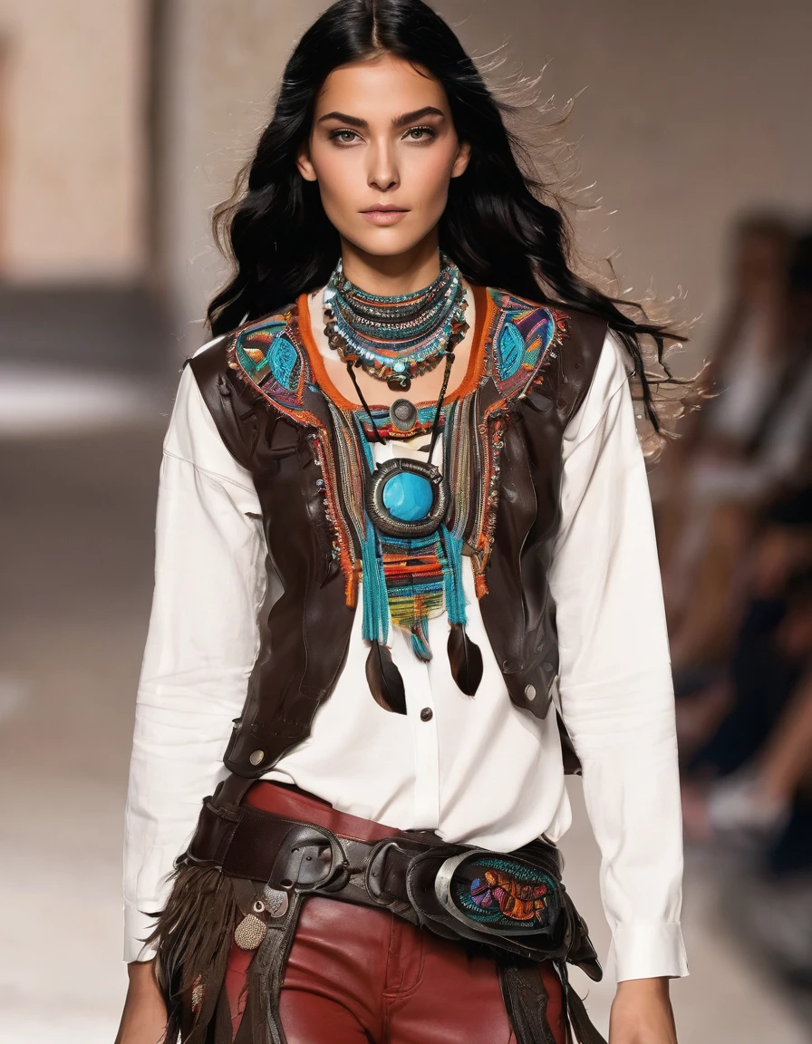  Rocker Indigenous Style**

**outfit:**
- **pants**: Black leather or denim glued, with indigenous embroidery on the sides and metal stud details.
- **shirt**: white, linen or cotton, with muisca embroidered details on the chest and sleeves. Long sleeves with decorative hanging fique.
- **corset**: dark brown leather, with metal buckle details and indigenous embroidery on the front and sides.

**accessories:**
- **Necklaces**: Multi-layered with seeds, wooden beads and natural stones. Some necklaces may have charms or animal figures.
- **BRACELET**: Braided leather and beads, with small metal and stone pendants.
- **belts**: wide, leather decorated with indigenous embroidery, large buckles and feather details.

**shoes:**
- **Boots**: Black or brown military shoes with metallic details and colored laces.

**make-up:**
- **Eyes**: Smoked with terracotta tones, gold and black, with intense eyeliner.
- **lips**: intense reds, matte or subtle shine.

**Additional details:**
- **skirts**: Long asymmetrical shoes made of light fabric with indigenous embroidery, worn over pants.
- **Ribbons**: Vibrant colors braided into curly hair, some loose and others decorative