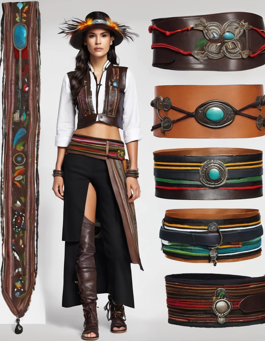 Rocker Indigenous Style**
**outfit:**
- **pants**: Black leather or denim glued, with indigenous embroidery on the sides and metal stud details.
- **shirt**: white, linen or cotton, with muisca embroidered details on the chest and sleeves. Long sleeves with decorative hanging fique.
- **corset**: dark brown leather, with metal buckle details and indigenous embroidery on the front and sides.
**accessories:**
- **Necklaces**: Multi-layered with seeds, wooden beads and natural stones. Some necklaces may have charms or animal figures.
- **BRACELET**: Braided leather and beads, with small metal and stone pendants.
- **belts**: wide, leather decorated with indigenous embroidery, large buckles and feather details.
**shoes:**
- **Boots**: Black or brown military shoes with metallic details and colored laces.
**make-up:**
- **Eyes**: Smoked with terracotta tones, gold and black, with intense eyeliner.
- **lips**: intense reds, matte or subtle shine.
**Additional details:**
- **skirts**: Long asymmetrical shoes made of light fabric with indigenous embroidery, worn over pants.
- **Ribbons**: Vibrant colors braided into curly hair, some loose and others decorative