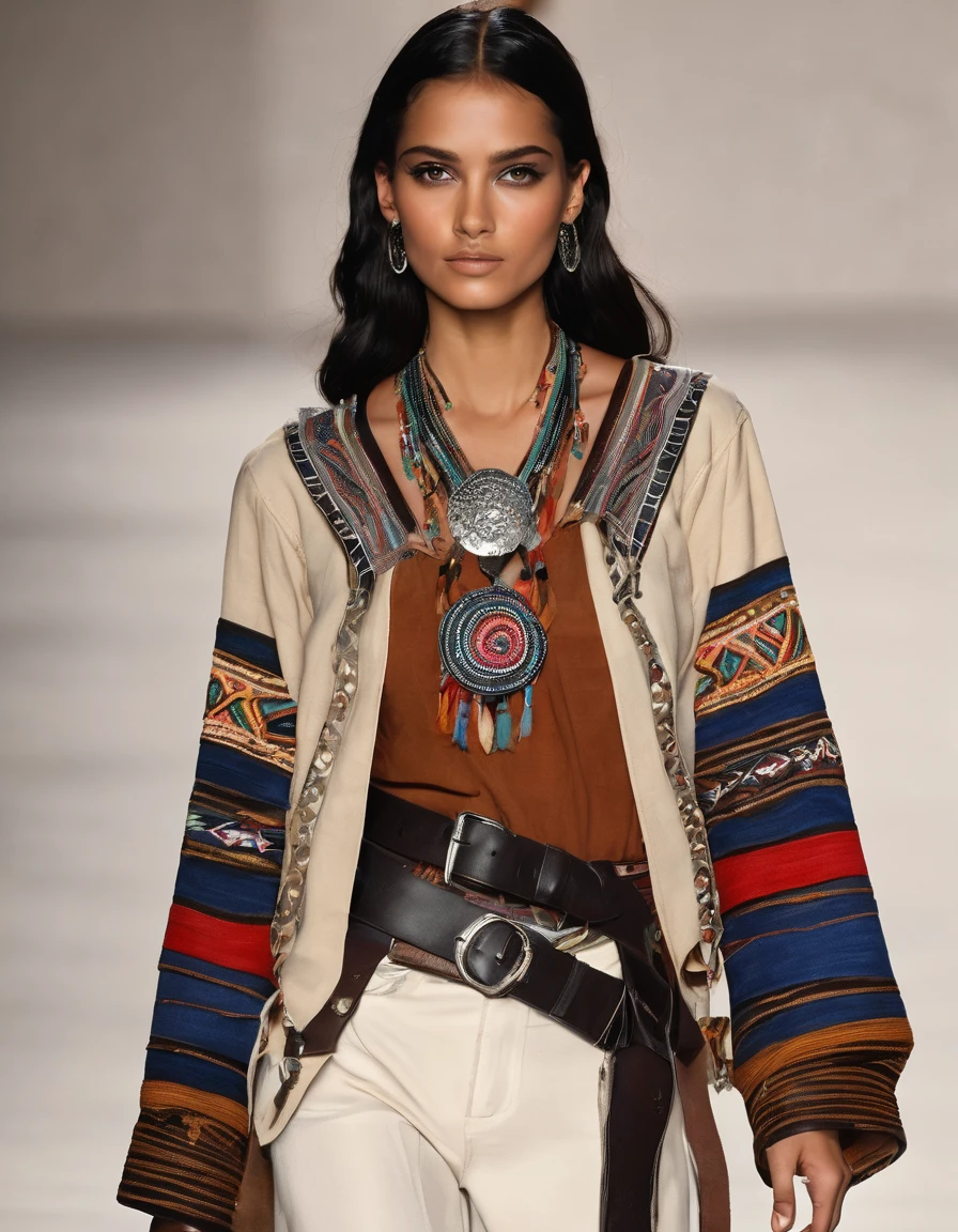  Rocker Indigenous Style**

**outfit:**
- **pants**: Black leather or denim glued, with indigenous embroidery on the sides and metal stud details.
- **shirt**: white, linen or cotton, with muisca embroidered details on the chest and sleeves. Long sleeves with decorative hanging fique.
- **corset**: dark brown leather, with metal buckle details and indigenous embroidery on the front and sides.

**accessories:**
- **Necklaces**: Multi-layered with seeds, wooden beads and natural stones. Some necklaces may have charms or animal figures.
- **BRACELET**: Braided leather and beads, with small metal and stone pendants.
- **belts**: wide, leather decorated with indigenous embroidery, large buckles and feather details.

**shoes:**
- **Boots**: Black or brown military shoes with metallic details and colored laces.

**make-up:**
- **Eyes**: Smoked with terracotta tones, gold and black, with intense eyeliner.
- **lips**: intense reds, matte or subtle shine.

**Additional details:**
- **skirts**: Long asymmetrical shoes made of light fabric with indigenous embroidery, worn over pants.
- **Ribbons**: Vibrant colors braided into curly hair, some loose and others decorative
