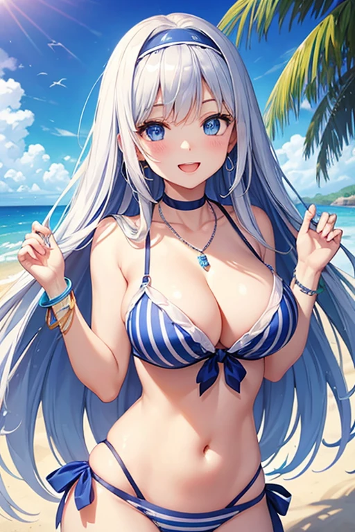 Highest quality、Highest quality、masterpiece、beautiful girl、Navy blue long hair、blue eyes、Sexy White Bikini(Dark stripes)、Big cleavage、(Big Breasts),smile、blue necklace、Blue Earrings、background(Beach)、Please open your mouth wide、White headband、bracelet、Dynamic pose、Blue choker