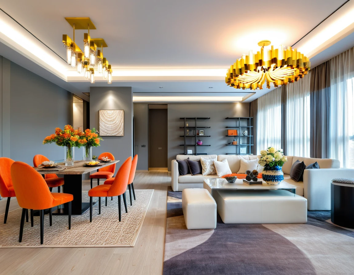 Raw photo, Masterpiece, high quality, best quality, authentic, super detail, indoors, living room style modern, sofa, table coffee, rug, dining table, chairs, flower vases, shelves, curtain walls, painting, windows, ceiling lights, chandeliers, minimalist line, vivid color,