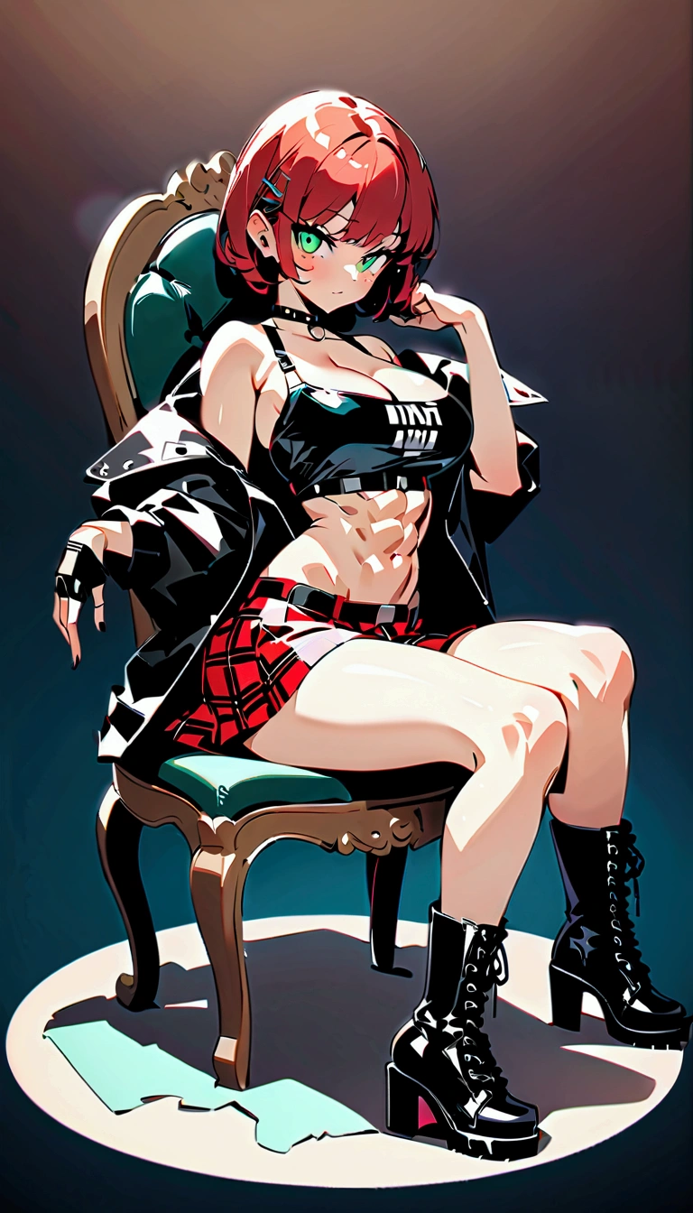 woman, curly red pixie cut hair, green eyes, wearing crop top black shirt, long black jacket, red plaid skirt, (black knee high boots), black fingerless gloves, exposed shoulders, (full body), large breasts freckles, cleavage, abs, looking at viewer, masterpiece, best quality, an14, Holo-Punk Style, sitting on chair